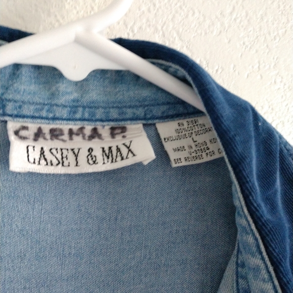 FLAWED Vintage Denim Shirt Embroidered Leaves by Casey & Max Large Chest 44" - Picture 5 of 6